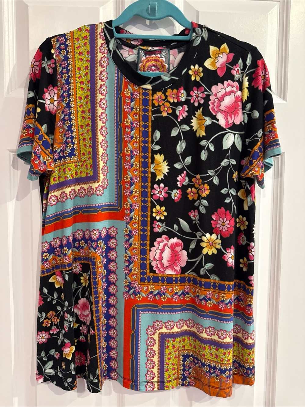 Johnny Was Black Floral Patchwork Short Sleeve Tee